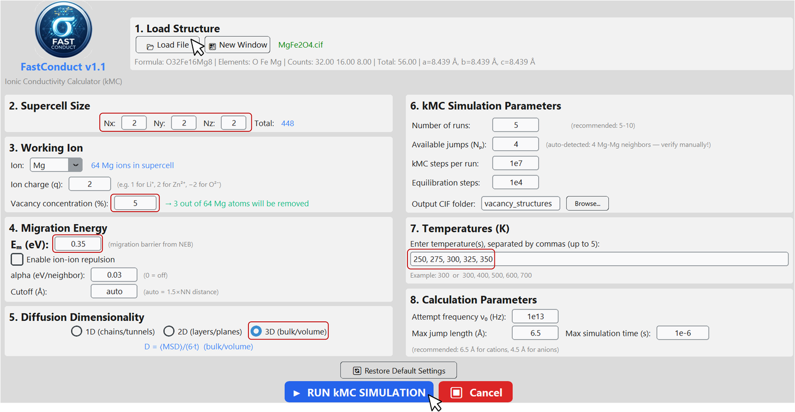 FastConduct main window: loaded MgFe2O4 structure, supercell size, working ion, migration energy and kMC parameters